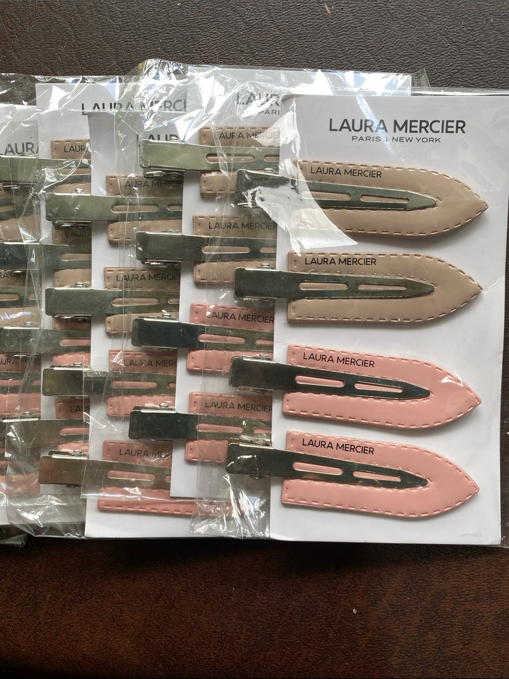 Lot of 8 sets of 4 (32 total) Laura Mercier Pink & Beige Leatherette Hair Clips